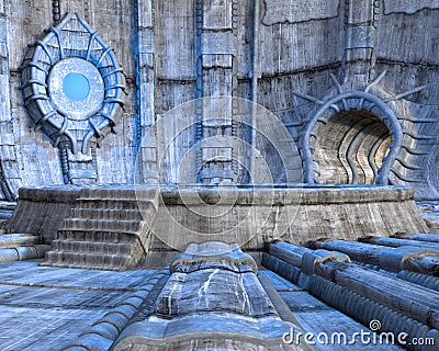 3D rendering of an alien temple, cavern, spaceship interior, or stronghold background or backdrop Stock Photo