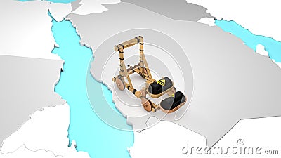 3D rendering of an ancient catapult with a barrel of oil on the territory of the Arabian Peninsula. Economic confrontation between Stock Photo