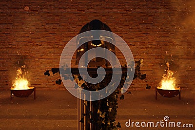 3d rendering of ancient greek Sparta type helmet laying on greek column and lighted from fire Stock Photo