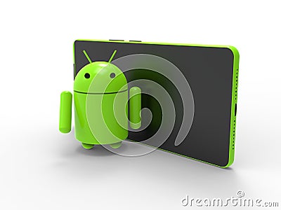 3D rendering - Android Robot reflecting in the screen of a smartphone Cartoon Illustration