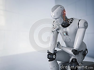 Robot sit down and thinking Stock Photo