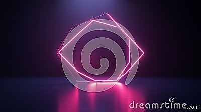 3D rendering of aqua circle neon light with floating cube and triangle, futuristic technology background, speed light Stock Photo