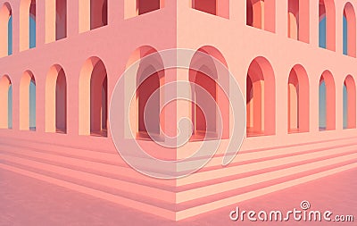 3d rendering. Arch hallway pink geometric background, architectural corridor, arch columns, empty wall. ancient housing Banner for Stock Photo