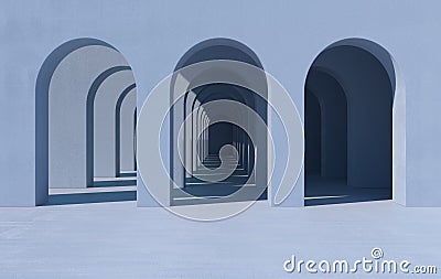 3d rendering. Arch hallway simple geometric background, architectural corridor, portal, arch columns inside empty wall. Modern Stock Photo