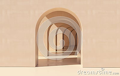 3d rendering. Arch hallway simple geometric background, architectural corridor, portal, arch columns inside empty wall. Modern Stock Photo