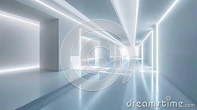 3D rendering architecture design of an abstract room with white corridor space in a trapezoidal shape. A realistic wide Stock Photo