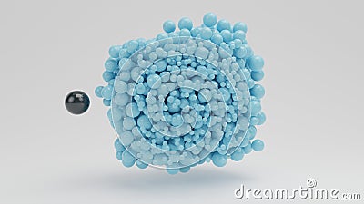 3d rendering of an array of blue balls of different sizes and one black one to the side. The idea of uniqueness, loneliness, Stock Photo