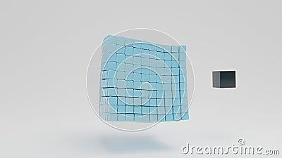 3d rendering of an array of blue cubes assembled into a large cube and a black cube. The black cube is smaller in size but Cartoon Illustration