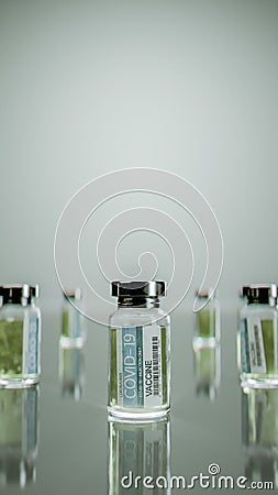 3D rendering of an array of small vials of a vaccine against a solid gray background Stock Photo