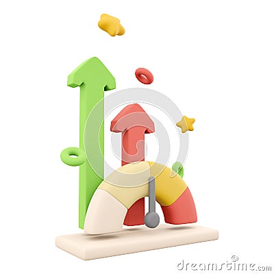 3d rendering arrows grow up speedometer icon. 3d render fast arrows grow up speedometer icon. Arrows grow up measured by Stock Photo