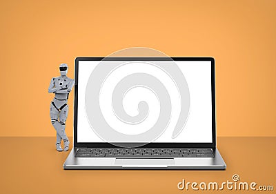 Artificial intelligence cyborg or robot with blank screen notebook Stock Photo