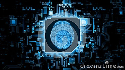 3D Rendering of artificial Intelligence hardware concept. Glowing blue brain circuit on microchip on computer motherboard. Stock Photo