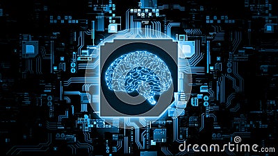 3D Rendering of artificial Intelligence hardware concept. Glowing blue brain circuit on microchip on computer motherboard. Stock Photo