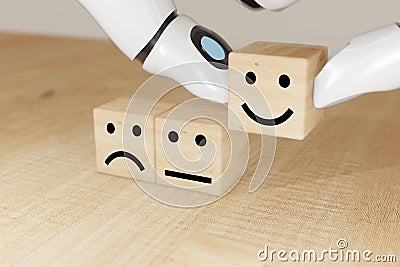 3d rendering artificial intelligence robot hand flip the satisfaction to choose happy to customer relationship service Stock Photo