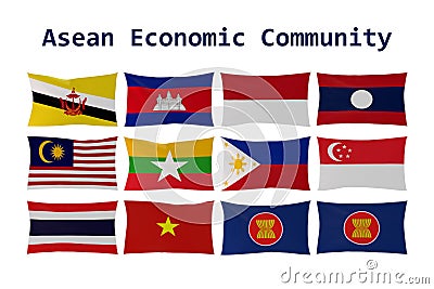 3D rendering of ASEAN country flags and AEC flag isolated Stock Photo