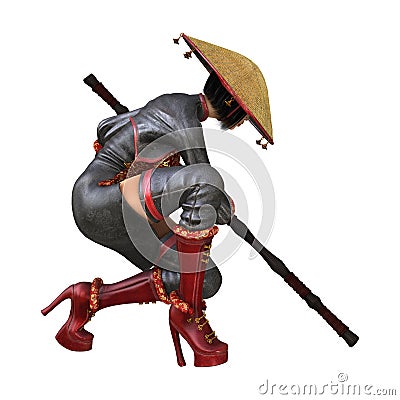 3D Rendering Asian Battle Woman on White Stock Photo