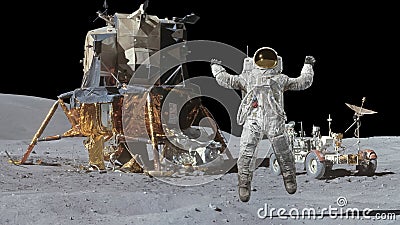 3D rendering. Astronaut jumping on the moon. CG Animation. Elements of this image furnished by NASA. Stock Photo