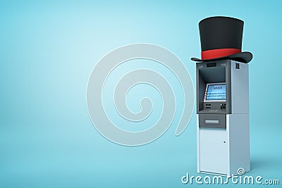 3d rendering of ATM with big black top hat with red ribbon on top on light-blue background. Stock Photo