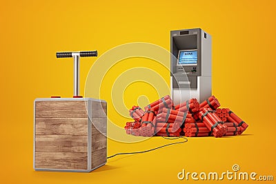 3d rendering of ATM machine and tnt dynamite sticks with detonator box on yellow background Stock Photo