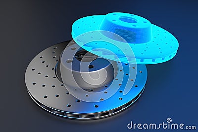 3D rendering. Auto spare parts for car, brake disk on grey background Stock Photo