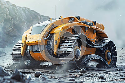 A 3D rendering of an autonomous robotic tank navigating through a hazardous environment Stock Photo