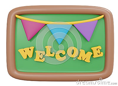3D Rendering back to school board with welcome text cartoon style. Cartoon Illustration