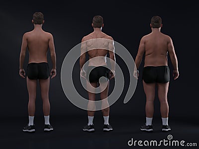 3D Rendering : back view of standing male body type : ectomorph skinny type, mesomorph muscular type, endomorphheavy weight Stock Photo
