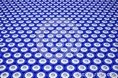 3d rendering of a background with 18650 lithium batteries forming a honeycomb with a camera tilt Stock Photo