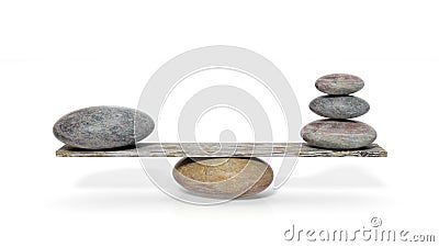 3D rendering of balancing stones on wooden plank Stock Photo