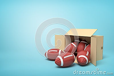 3d rendering of balls for American football inside and in front of cardboard box on light-blue background. Stock Photo