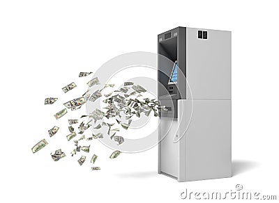 3d rendering of a bank ATM machine with green banknotes flying out of it. Stock Photo