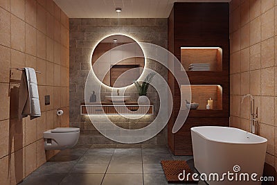 3D rendering bathroom, aromatherapy, relaxation, spa. Tiles, ceramics, wooden cupboard Stock Photo