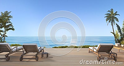 3d rendering beautiful beach bed on terrace near beach and sea with nice sky view and palm tree in hawaii Stock Photo