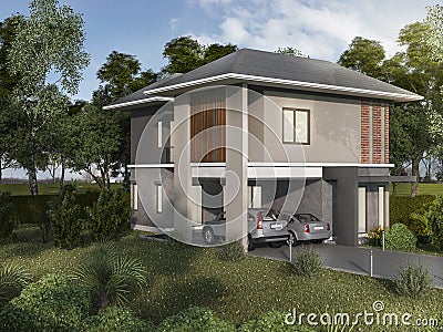 3d rendering beautiful exterior twin house Stock Photo