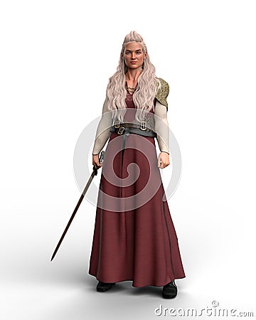 3D rendering of a beautiful tall blonde haired Viking warrior woman wearing a long dress and holding a sword isolated on a white Cartoon Illustration