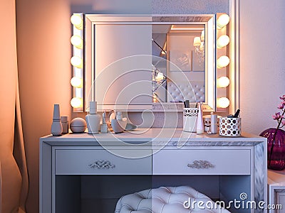 3d rendering bedroom in gray and white tones with purple accents Stock Photo
