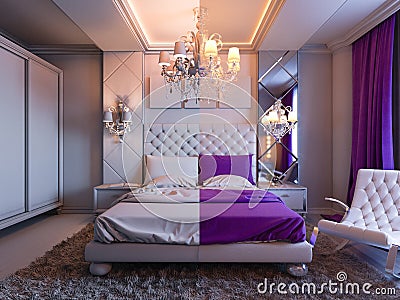 3d rendering bedroom in gray and white tones with purple accents Stock Photo