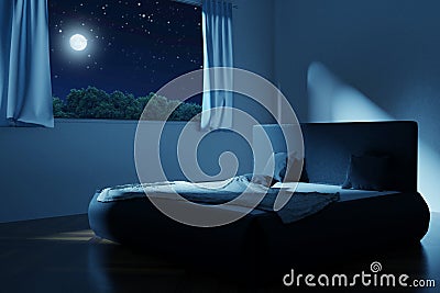 3d rendering of bedroom with unmade and rumpled bed in the full Stock Photo