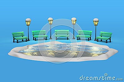 3D rendering of benches illuminated by antique lanterns in a park around a frozen lake, ice rink Stock Photo