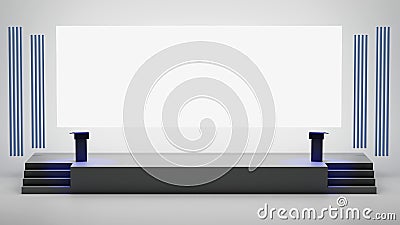 3D rendering of big blank screen backdrop and podium on stage with stairway for speaker and conference event Stock Photo