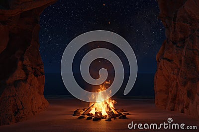 3d rendering of big bonfire with sparks and particles in front of sea and cave Stock Photo