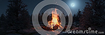 3d rendering of big bonfire with sparks and particles in front of snowy pine trees and moonlight Stock Photo