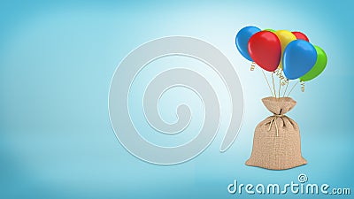 3d rendering of a big full sack tied with a piece of rope and attached to a bundle of colorful balloons. Stock Photo