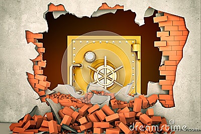 3d rendering of a big golden safe seen through a huge hole in a plastered brick wall. Stock Photo