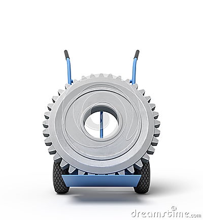 3d rendering of big grey wheel gear on blue hand truck Stock Photo