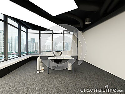 3d rendering of big office interior with desk and chair Stock Photo