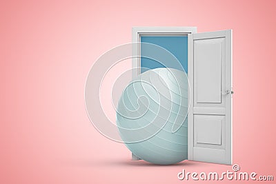 3d rendering of big white yoga ball emerging from open door on pink copyspace background. Stock Photo