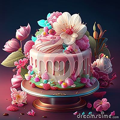 3D rendering of a birthday cake decorated with flowers and candies AI generated dessert ai Stock Photo