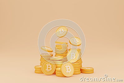 3D rendering of Bitcoin coins in various stacks on on glod background Stock Photo