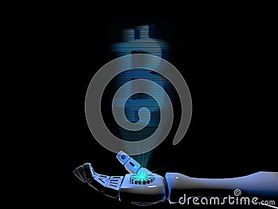 3D rendering Bitcoin hologram emanates from the robot arm Stock Photo